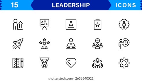 Leadership Icon Set Representing Authority, Teamwork, Strategy, Motivation, and Vision in a Minimalist, Professional, and Marketable Vector Format