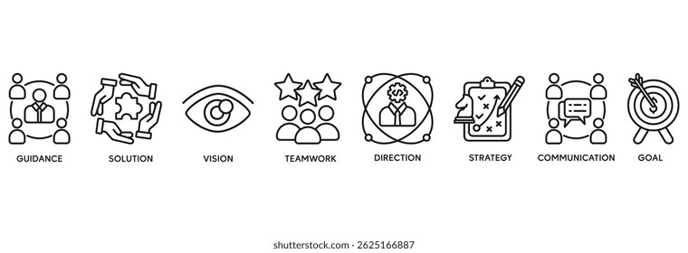 Leadership icon set vector illustration concept relate to team management with an icon of guidance, solution, vision, teamwork, direction, strategy, communication, and goal