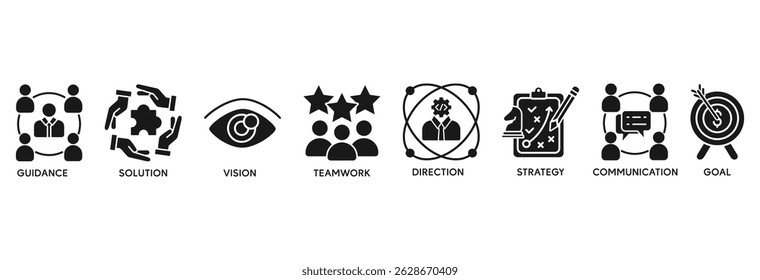 Leadership icon set vector illustration concept relate to team management with an icon of guidance, solution, vision, teamwork, direction, strategy, communication, and goal