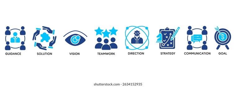 Leadership icon set vector illustration concept relate to team management with an icon of guidance, solution, vision, teamwork, direction, strategy, communication, and goal