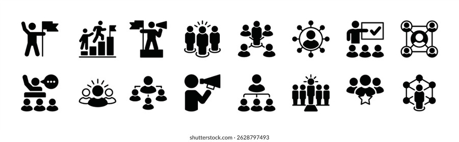 Leadership icon vector set. Containing leader, guide, guidance, mentorship, coaching, organization, hierarchy, manager, campaign, collaboration, confidence, motivation. Illustration