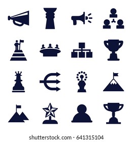 Leadership icons set. set of 16 leadership filled icons such as group, megaphone, trophy, chess king, structure, star trophy, man at the top of the mountain with flag