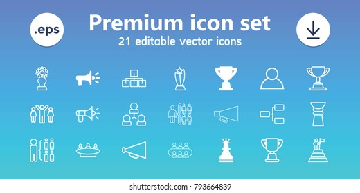 Leadership icons. set of 21 editable outline leadership icons includes trophy, megaphone, chess king, group, structure, user, group of people and man celebrating victory
