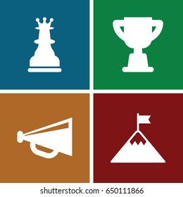 Leadership icons set. set of 4 leadership filled icons such as megaphone, trophy, chess king