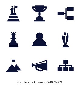 leadership icons set. Set of 9 leadership filled icons such as megaphone, structure, chess king, trophy, man at the top of the mountain with flag, flag on mountain