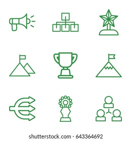 Leadership icons set. set of 9 leadership outline icons such as trophy, megaphone, star trophy, flag on mountain