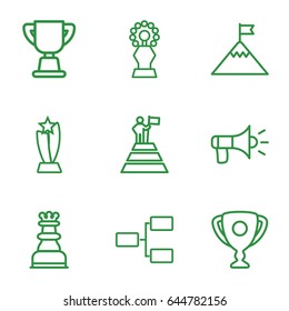 Leadership icons set. set of 9 leadership outline icons such as structure, trophy, megaphone, chess king, man at the top of the mountain with flag