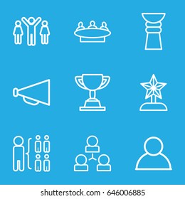 Leadership icons set. set of 9 leadership outline icons such as group, structure, megaphone, trophy, star trophy, group of people and man celebrating victory