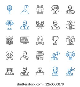 leadership icons set. Collection of leadership with employee, man, teamwork, job search, vision, trophy, businesswoman, goal, group, skills. Editable and scalable leadership icons.