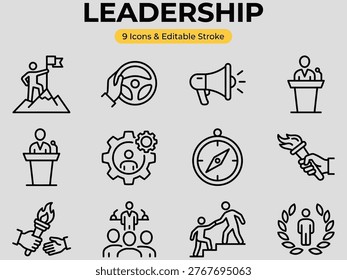 Leadership icons set with editable stroke for business and management concepts nine line style symbols