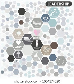 Leadership icons with text in hexagonal shapes with grey tones and background