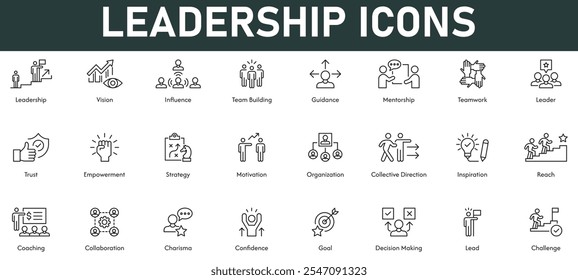 Leadership Icons vector illustration with thin line editable stroke containing vision influence team building guidance mentorship teamwork leader trust empowerment strategy motivation lead