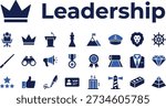 Leadership icons vector set in flat blue style, with throne, crown, podium, chess piece, mountain peak with flag, captain hat, lion, megaphone, medal, ribbon and VIP symbols, perfect for illustrating leadership, success, motivation and executive management in business presentations, websites and infographics.
