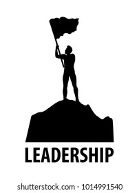 Leadership illustration with man and flag on peack of mountain