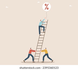 Leadership in increasing investment portfolio, income or savings, mentoring in creating safe deposit boxes, receiving interest payments, comrades hold ladder and colleague catches interest ballon. - Shutterstock ID 2395360123