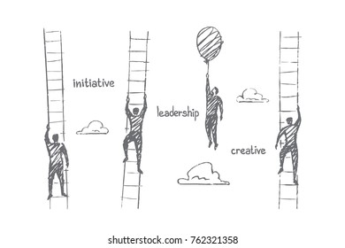 Leadership, initiative, creative. Men compete by climbing higher up the ladder. A leader is flying faster on balloon. Vector illustration, business concept, hand drawn sketch.