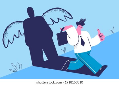 Leadership, inner power, ambitions concept. Proud happy positive businessman walking with superhero shadow with angel wings feeling confident showing thumbs up sign illustration