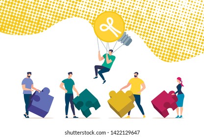 Leadership with Inspirational Idea Flat Vector Concept. Man Flying on Balloon in Form of Light Bulb Over Heads of Doubtful Colleagues, Standing with Different, Colorful Puzzle Pieces Illustration