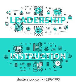 Leadership and Instruction heading, title, web banner. Horizontal colored in white and turquoise flat vector illustration.