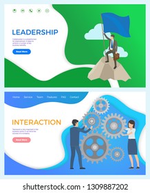 Leadership and interaction between worker and leader vector. Cogwheel and peak of mountain, male with pole and flag achieving new results at work. Website or webpage template landing page in flat