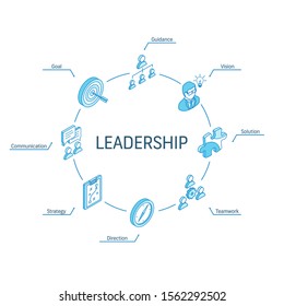 Leadership isometric concept. Connected line 3d icons. Integrated circle infographic design system. Vision, Goal, Guidance and Strategy symbols. Direction, Teamwork, Solution, Communication pictogram