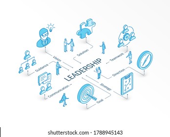 Leadership isometric concept. Connected line 3d icon. Integrated infographic system. People teamwork. Vision, Goal, Guidance and Strategy symbol. Direction, Teamwork, Solution, Communication pictogram