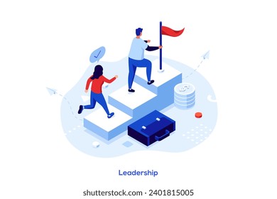 Leadership isometric concept vector illustration. Business leadership, managing skills, leader training plan, coaching, personal quality, attitude development, executive position abstract metaphor.