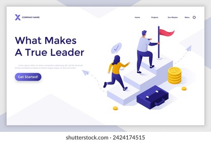 Leadership isometric concept vector illustration. Business leadership, managing skills, leader training plan, coaching, personal quality, attitude development, executive position landing page