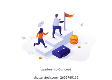 Ilustração vetorial de conceito isométrico de liderança. Liderança de negócios, habilidades de gerenciamento, plano de treinamento de líderes, treinamento, qualidade pessoal, desenvolvimento de atitude, conceito de posição executiva