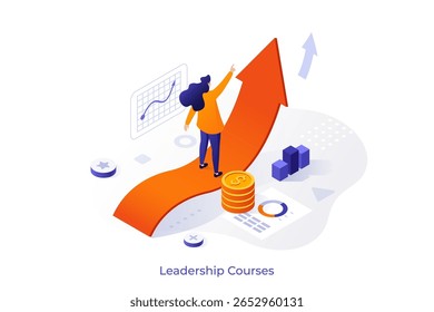Ilustração vetorial de conceito isométrico de liderança. Liderança de negócios, habilidades de gerenciamento, plano de treinamento de líderes, treinamento, qualidade pessoal, desenvolvimento de atitude, conceito de posição executiva