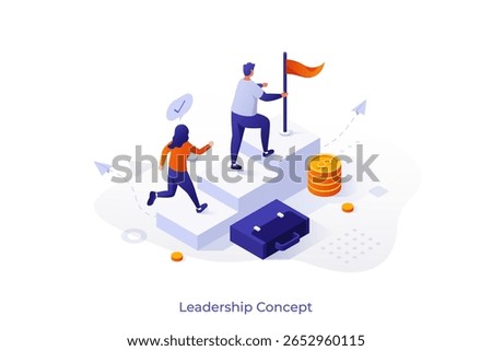 Leadership isometric concept vector illustration. Business leadership, managing skills, leader training plan, coaching, personal quality, attitude development, executive position concept
