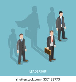 Leadership isometric flat vector concept. Three businessmen with shadows on the wall. Shadow of leader looks like a shadow of superhero. The business advantage.