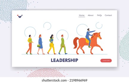 Leadership Landing Page Template. Businessman Riding Horse Leading Group of Colleagues. Successful Leader Character Showing Right Direction, Goal Achievement. Cartoon People Vector Illustration