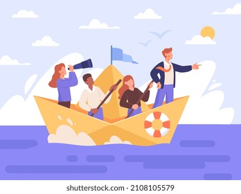 Leadership To Lead Business In Crisis. Businessman With Team Sailing On Paper Boat. Colleagues Support To Achieve Success And Promote Company. Vision Or Strategy. Cartoon Flat Vector Illustration