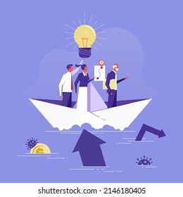 Leadership to lead business in crisis, teamwork or support to achieve target, vision or forward strategy for success, businessman leader point forward lead business team sailing paper boat