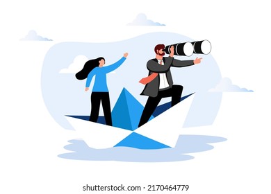 Leadership to lead business in crisis, teamwork or support to achieve target, vision or forward strategy for success concept, businessman leader with binoculars lead business team sailing origami ship