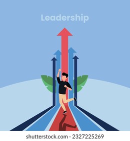 Leadership to lead business in crisis, teamwork or support to achieve target, vision or forward strategy for success concept, businessman leader with binoculars lead business team sailing origami ship