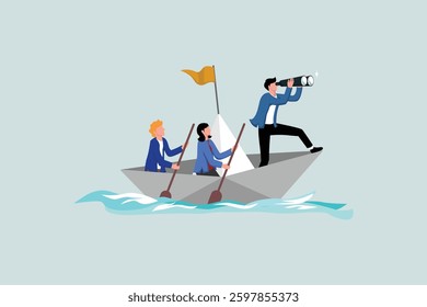 Leadership to lead business in crisis, teamwork or support to achieve target, vision or forward strategy for success concept, businessman leader with bino team sailing origami ship