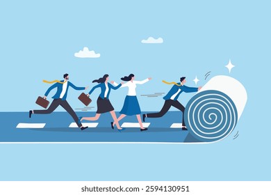 Leadership to lead team career path, business strategy development, effort or ambition to progress work success, motivation achievement, businessman rolling career path for team colleague to follow.