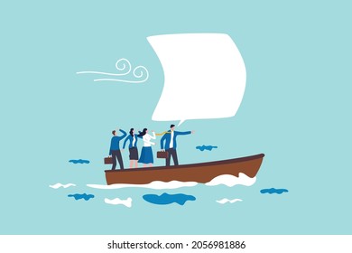 Leadership to lead team and guide direction, motivation and inspiration to drive company to achieve success concept, confidence businessman manager leader with speech bubble to sail the ship forward.