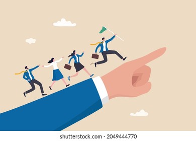 Leadership to lead team members, business direction to achieve goal or target, teamwork to success in work, businessman leader holding winner flag running lead business people on pointing finger.