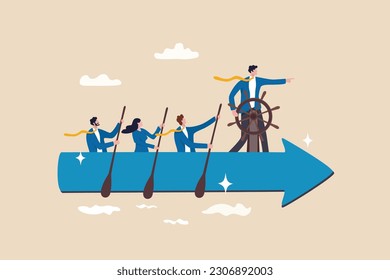 Leadership to lead team to the right direction, employee teamwork to help success, manager to motivate team or company to move forward concept, businessman manager lead people teamwork sailing arrow.