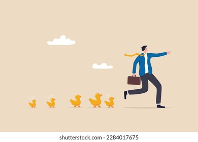 Leadership to lead team to success direction, employees follow manager guidance, domination or motivate staffs concept, confidence businessman leader pointing direction with following duckling.