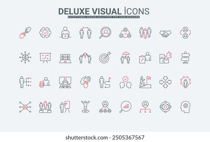 Leadership and leaders challenge line icons set. Training of efficiency and winners podium, collaboration and team meeting, search for solutions thin black and red outline symbols vector illustration