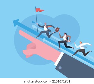 Leadership, Leading To Success, Business Mission And Goals, Teamwork To Target Achievement Concept. Businessman With The Flag Is Leading His Team Keep Running Forward On Giant Hand In Blue Scene.