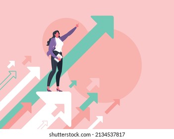 Leadership, leading to success or business vision concept. Businesswoman is pointing direction forward and standing on flying arrows in pink background.