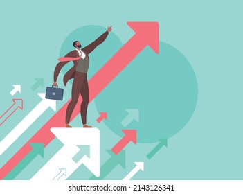 Leadership, leading to success or business vision concept. Businessman is pointing direction forward and standing on flying arrows in green background.