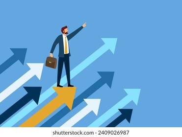 Leadership, leading to success or business vision concept. Businessman is pointing direction forward and standing on flying arrows.