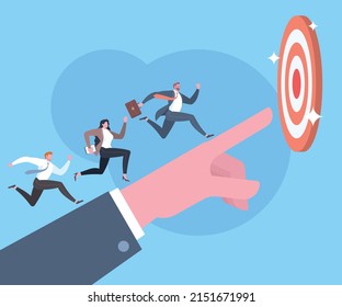 Leadership, leading to success, consulting to achieve goals, teamwork to target achievement concept. Businessman is leading his team keep running toward to the target on giant hand in blue scene.