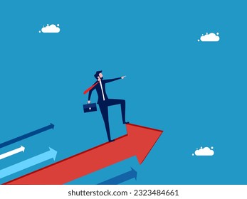 Leadership leads to success. a business man standing on an arrow and pointing the direction forward